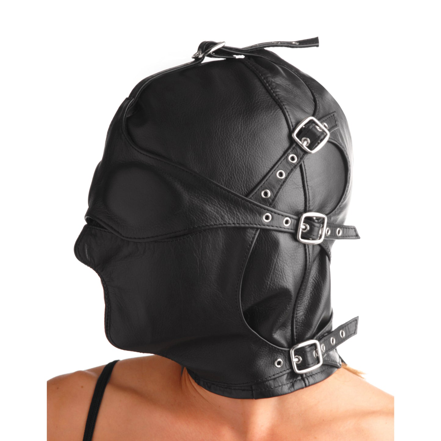 Asylum Leather Hood with Removable Blindfold and Muzzle- SM