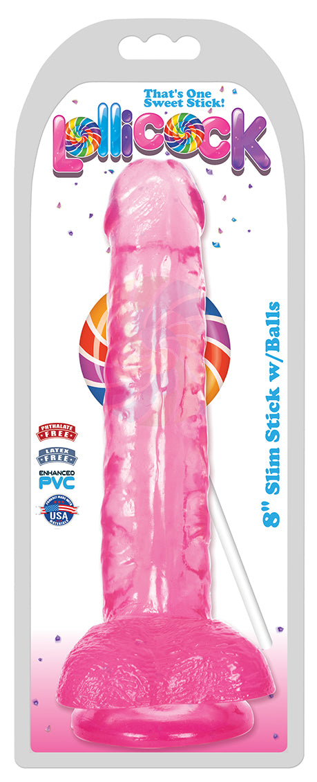 8 Inch Slim Stick with Balls Cherry Ice Dildo