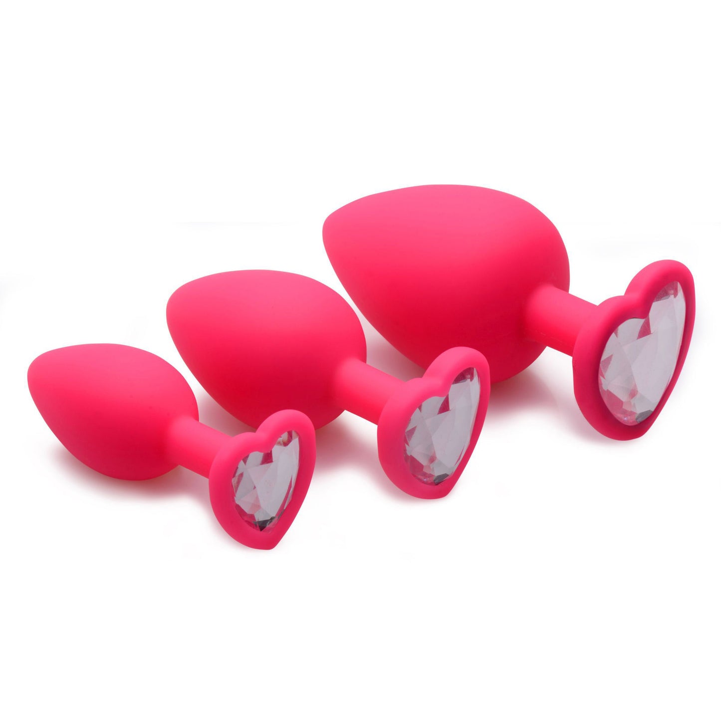 Pink Hearts 3 Piece Silicone Anal Plugs with Gem Accents