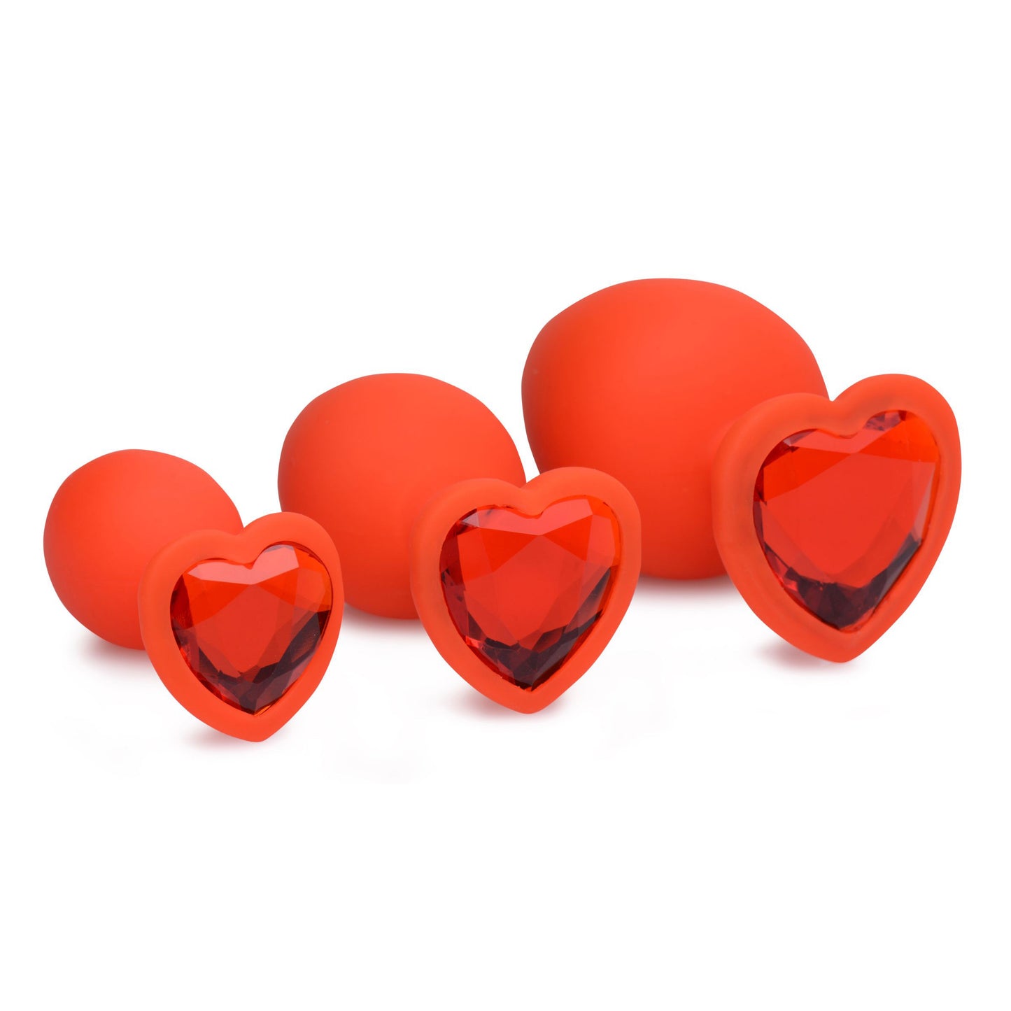 Red Hearts 3 Piece Silicone Anal Plugs with Gem Accents