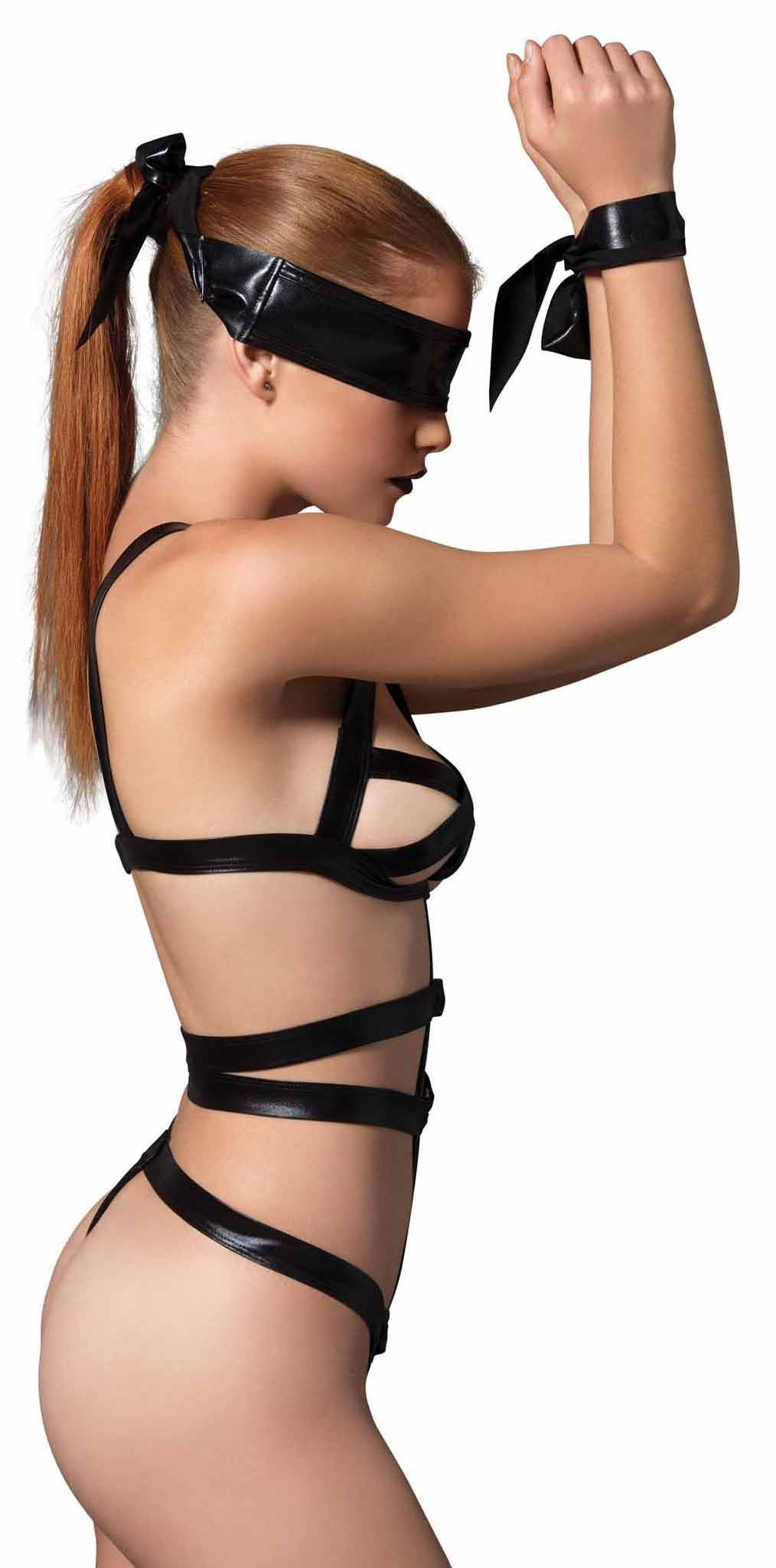 3 Piece Wet Look Bondage G-String Teddy with Restraints