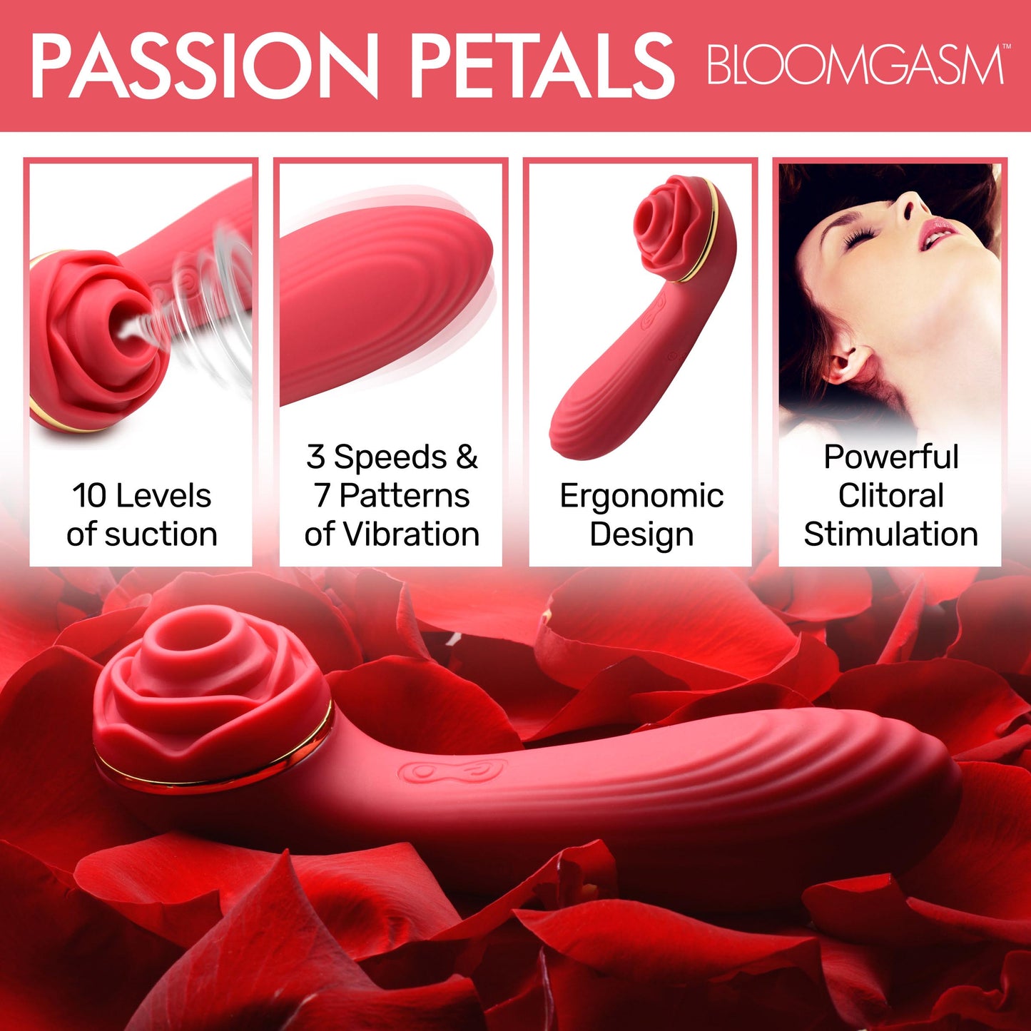 Passion Petals 10X Silicone Suction Rose Vibrator - Red