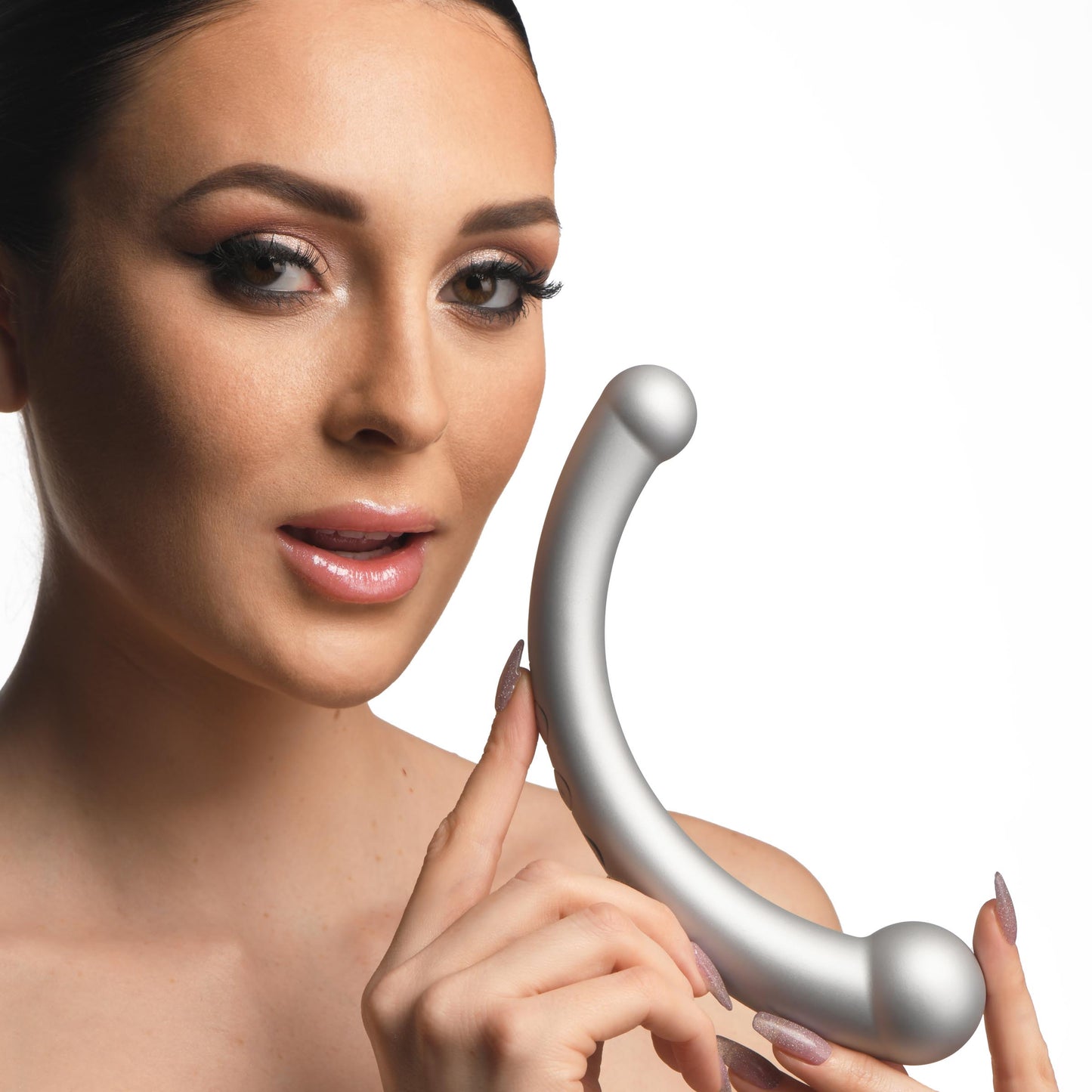 10X Vibra-Crescent Vibrating Silicone Dual-Ended Dildo - Silver