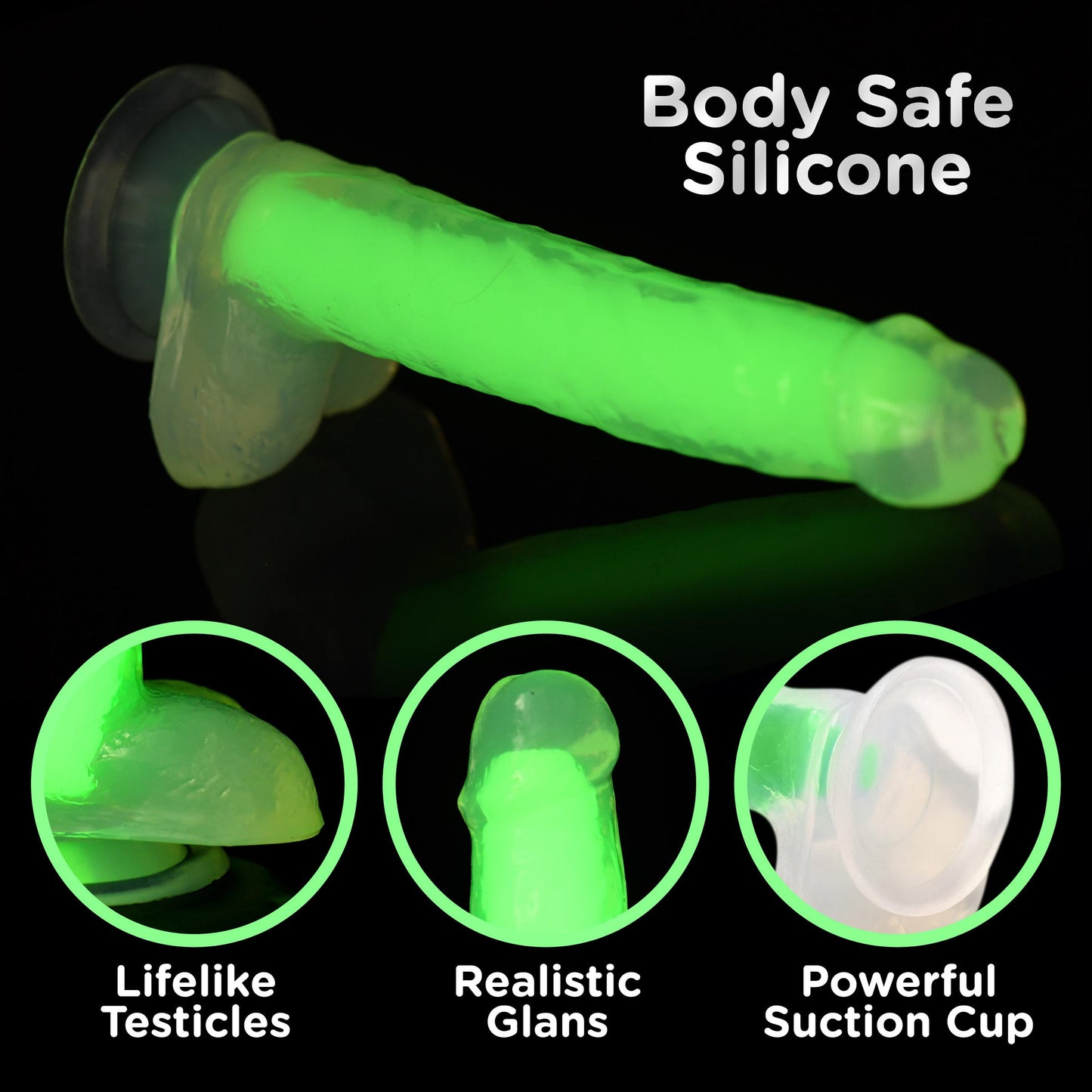 7 Inch Glow-in-the-Dark Silicone Dildo with Balls - Green